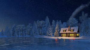 Christmas night scene. Snowbound cozy rustic house with smoking chimney and luminous windows and decorated Christmas tree at snowfall night. Decorative 3D illustration.