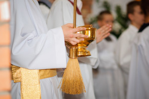 Blood, wine and holy water. Holy Mass in the church