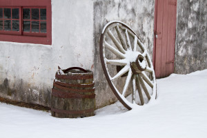 Wagon wheel & barrel outside an old blacksmith's shop at Hopewell Furnace National Historic Site